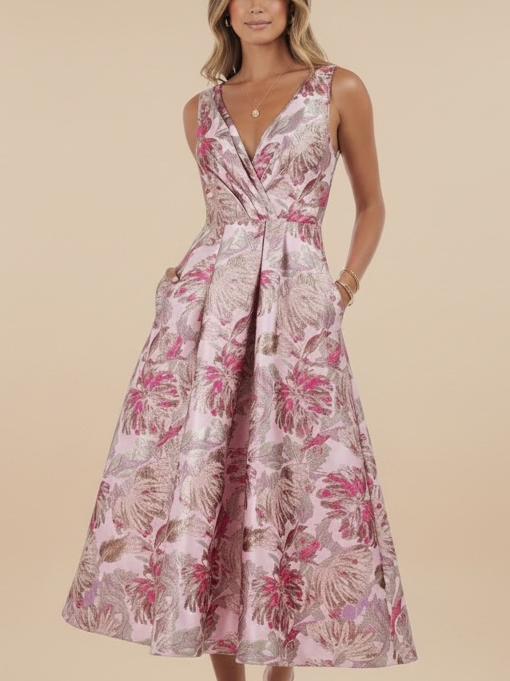 NWT KAY UNGER Poppy Pink Shimmer Sleeveless Fit & Flare Lined Dress Size 6